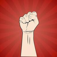Hand with fist raised up protest or revolution poster. Vector