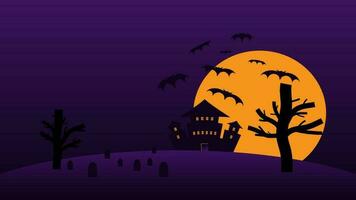 happy Halloween holiday party background. haunted castle cartoon on hills with full moon in night sky vector