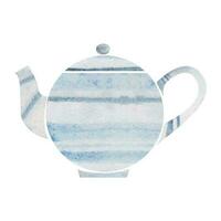 Watercolor hand drawn illustration. Tea pot kettle round striped white and blue porcelain. Isolated object on white background. For invitations, cafe, restaurant food menu, print, website, cards vector