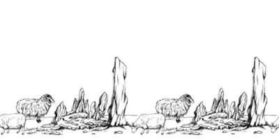 Ink hand drawn vector graphic sketch. Seamless border. Scotland scenic landscape with a circle of standing stones and grazing sheep. Design for tourism, travel, brochure, wedding, guide, print.