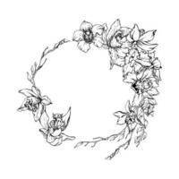 Hand drawn vector ink orchid flowers and branches, monochrome, detailed outline. Circle wreath composition. Isolated on white background. Design for wall art, wedding, print, tattoo, cover, card.