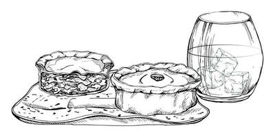 Ink hand drawn vector sketch. Scotland symbol food, scotch pie with minced meat or steak, glass with whisky on rocks. Design for tourism, travel, brochure, guide, print, card, tattoo, restaurant menu.