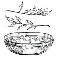 Hand drawn vector ink spa floating candles in glass bowl, orchid flowers and eucalyptus. Isolated object on white background. Design for wall art, wellness resort, print, fabric, cover, card, booklet.