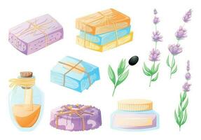 Bars of natural handmade soap and organic ingredients. Making lavender and olive soap at home concept. Set of vector isolated cartoon illustrations.
