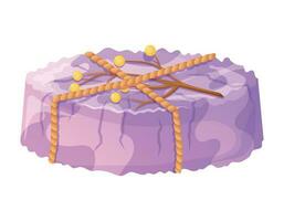 A bar of round handmade purple natural soap, decorated with a branch with berries, tied with a rope. Vector isolated cartoon hygiene product.