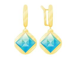 A pair of gold earrings with a realistic blue diamond gemstone. Vector isolated cartoon female precious jewelry.