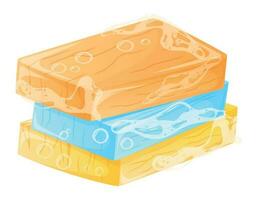 A stack of three handmade soap bars with foam and bubbles. Vector isolated cartoon illustration of natural hygiene product.