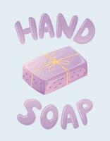 Handwritten lettering Hand soap, illustration of a pink bar of natural soap. Vector cartoon banner.