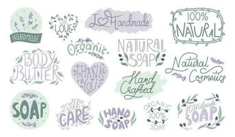 Set of vector isolated stickers or labels for packaging of natural cosmetics and soaps with lettering. Floral lavender patterns and frames with leaves.