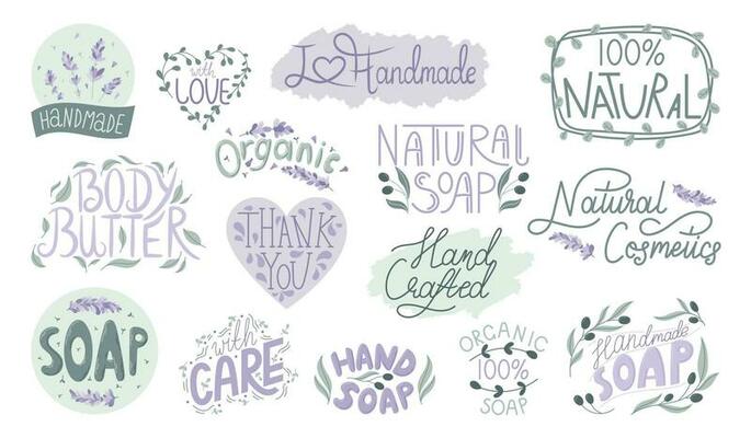 Set of vector isolated stickers or labels for packaging of natural cosmetics and soaps with lettering. Floral lavender patterns and frames with leaves.