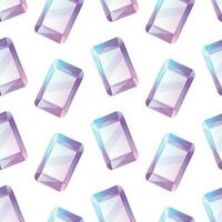 Realistic blue purple rectangular gemstone. Vector seamless cartoon pattern with shining jewel.