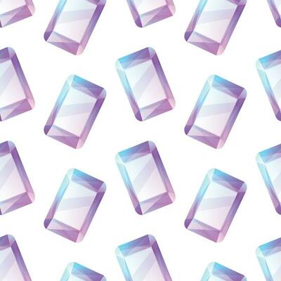 Realistic blue purple rectangular gemstone. Vector seamless cartoon pattern with shining jewel.
