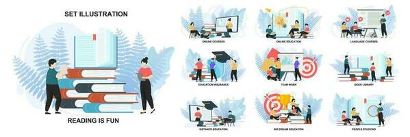 Set of web page design templates for education, Team work, Online education, Online courses web page composition with people characters. Modern vector illustration concepts