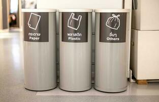 Modern metal cylinder trashcan or bin which separate the type of garbage put on at the public area, department store. photo