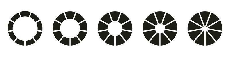 Wheels round divided in nine sections. Diagrams infographic set.  Pie chart icons. Donut charts or pies segmented on 9 equal parts.  Vector illustration. Circle section graph. Geometric elements.