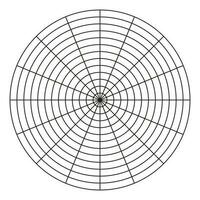 Wheel of life template. Simple coaching tool for visualizing all areas of life. Polar grid of 16 segments and 12 concentric circles. Circle diagram of life style balance. Blank polar graph paper.