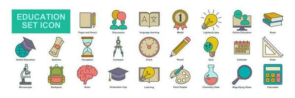 e-learning educación elementos plano conjunto icono símbolo modelo para gráfico y web diseño recopilación. libro, microscopio, certificado, diploma, lápiz y más logo vector ilustración