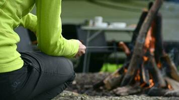 Cooking Food on Campfire in Front of Her RV Camper Van video