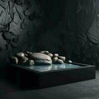 product presentation mockup with rocks and water empty podium on black background photo