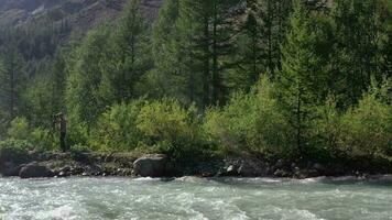 fotógrafo tomando naturaleza imágenes en el montaña río borde video