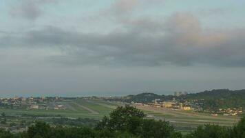 Timelapse panoramic view of the airport in daytime traffic. Panoramic view of the runway video