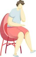 Faceless man character sitting on chair in sad and thinking pose. vector