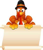 Illustration of turkey bird wearing pilgrim hat holding blank scroll paper given for your message. vector