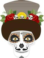 Illustration of sugar skull or calaveras wearing brown hat decorated with floral. vector