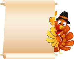 Illustration of turkey bird wearing pilgrim hat and holding blank scroll paper given for your message on white background. vector