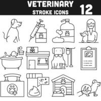 Black Line Art Veterinary Icon Set On White Background. vector