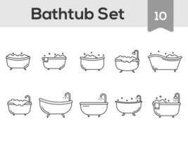 Black Line Art Illustration Of Bathtub Icon Set On White Background. vector