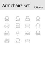 Stroke Style 15 Armchair Icons On White Background. vector
