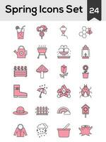 Flat Style Spring Icon Set In Pink And White Color. vector