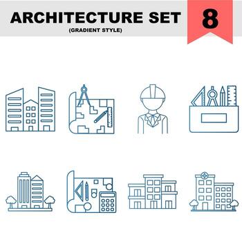 Set of Architecture Icon In Blue Line Art. vector