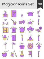 Purple And Yellow Color Set of Magician Icon In Flat Style. vector