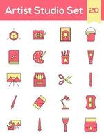 Red And Yellow Color Set of Artist Studia Icon In Flat Style. vector