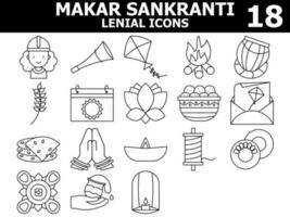 Black Line Art Set of Makar Sankranti Icon In Flat Style. vector