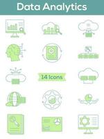 Data Analytics Icon Set In Green And White Color. vector