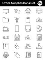 Black Line Art Set of Office Supplies Icon In Flat Style. vector