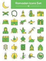 Ramadán icono conjunto en verde y amarillo color. vector