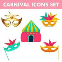 Carnival Icons Set like as Colorful Various Feather Masks and Tent. vector