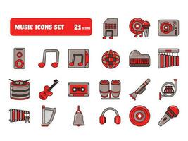 Flat Style Music Icon Set In Red And Taupe Color. vector