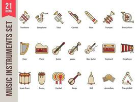 21 Music Instrument Set in Yellow and Orange Color. vector