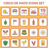 Flat Style Cinco De Mayo Icon Set On Orange And White Square Background. vector