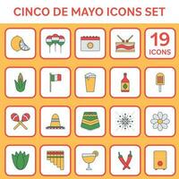 Flat Style Cinco De Mayo Icon Set On Orange And White Square Background. vector