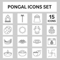 negro contorno 15 pongal icono conjunto en blanco y gris sqaure antecedentes. vector