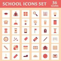 Flat Style 36 School Icon Set On Peach And White Square Background. vector