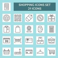 21 Black Outline Shopping Icon Set On Blue And White Square Background. vector