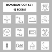 13 Ramadan Line Art Icon Set On Grey And White Square Background. vector