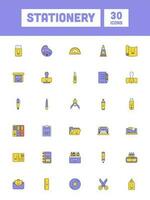 mascota papelería artículos icono conjunto en púrpura y amarillo color. vector